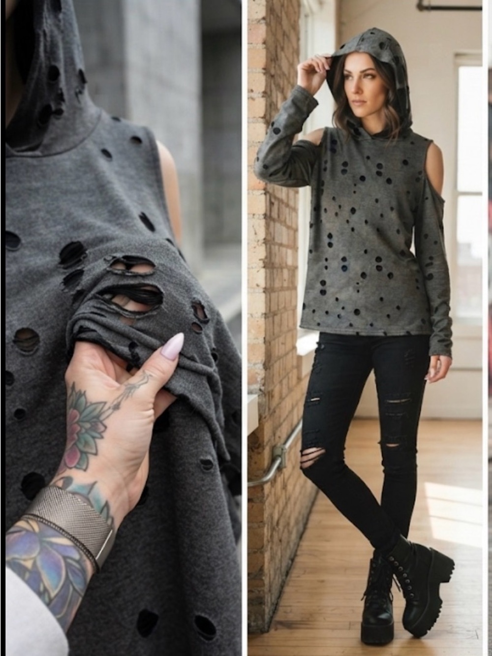 Women's Distressed Cold-Shoulder Hoodie Sweater - Gray